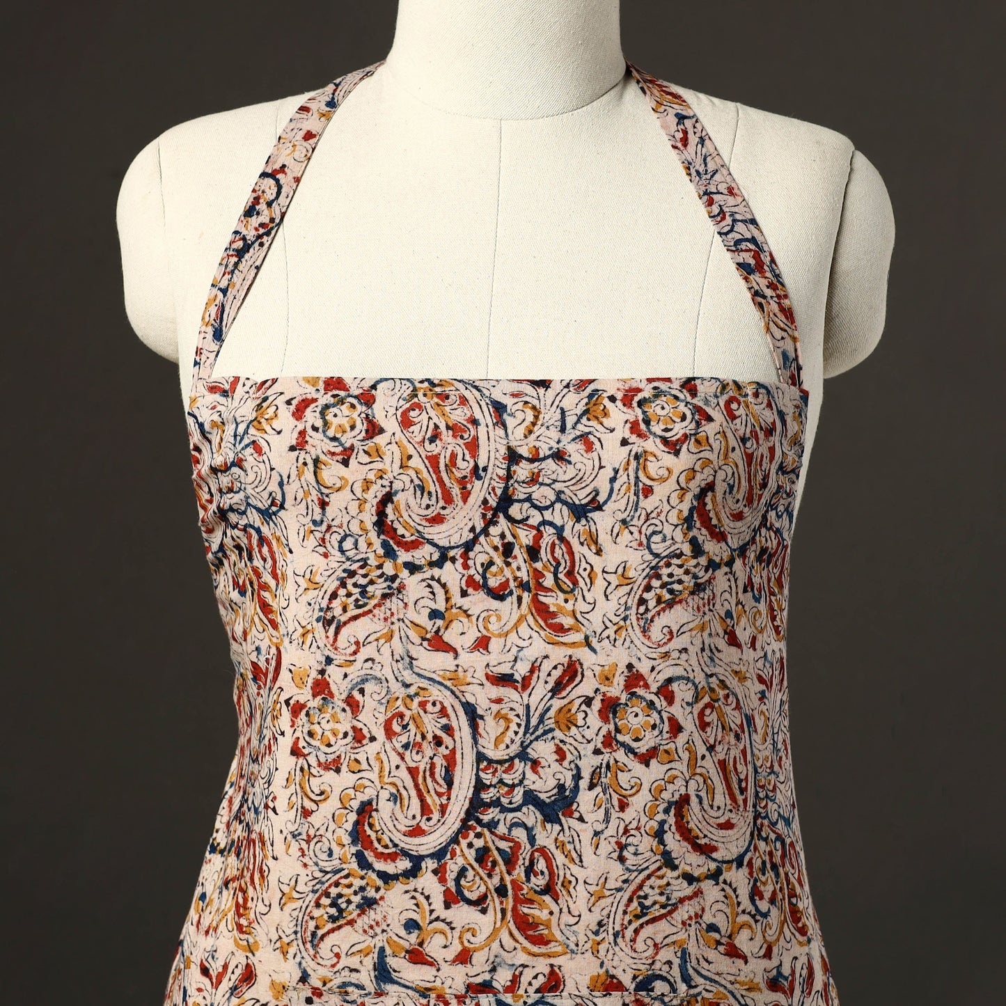 Beige Kalamkari Block Print Cotton Apron with Pocket