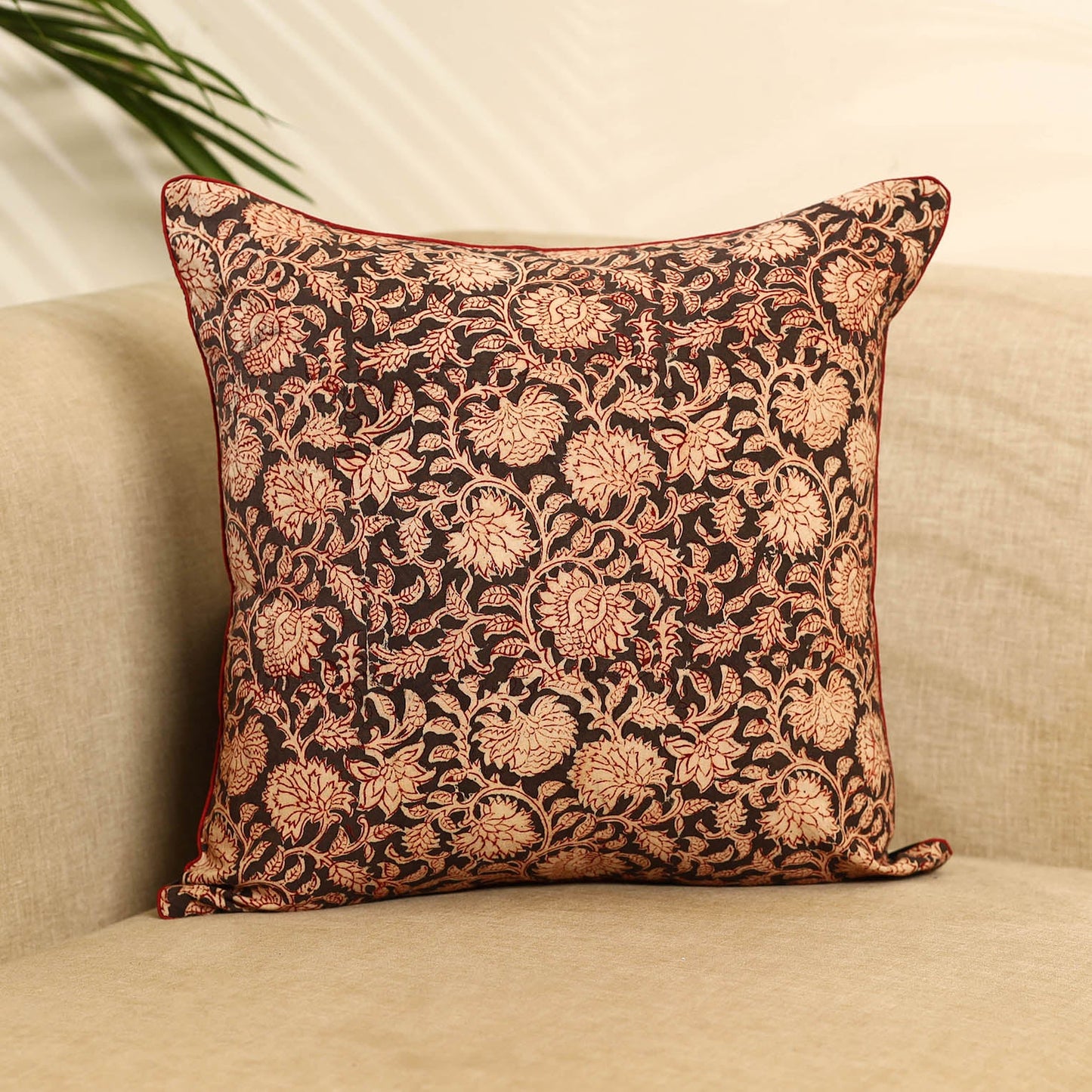 Beige Kalamkari Block Print Cotton Cushion Cover