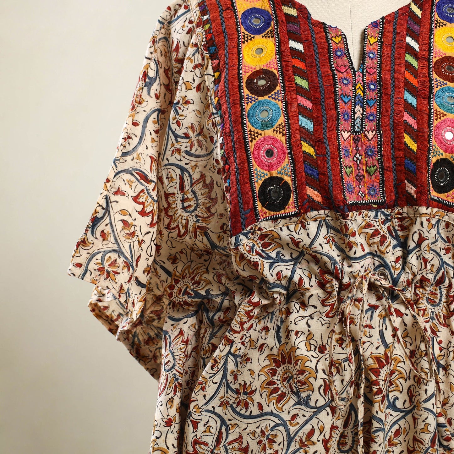 Beige Kalamkari Cotton Kaftan with Desert Embroidery