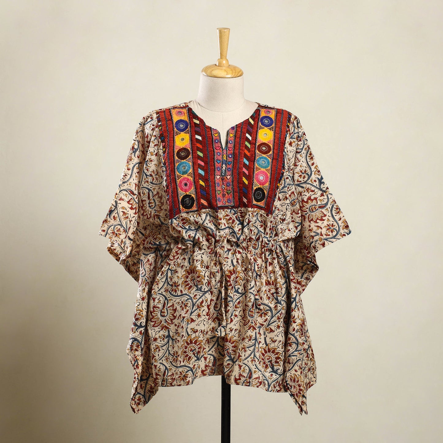 Beige Kalamkari Cotton Kaftan with Desert Embroidery