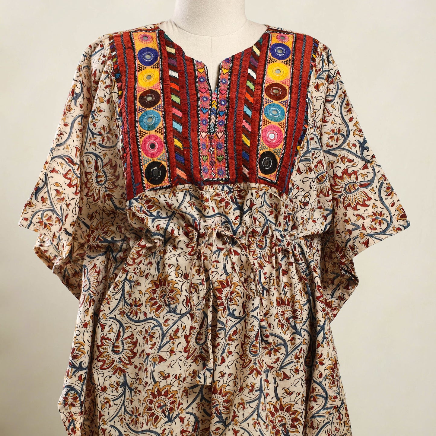 Beige Kalamkari Cotton Kaftan with Desert Embroidery