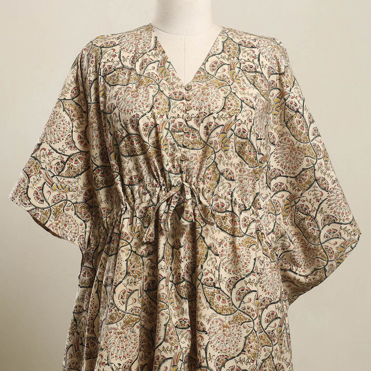 Buy Beige Kalamkari Block Print Cotton Kaftan