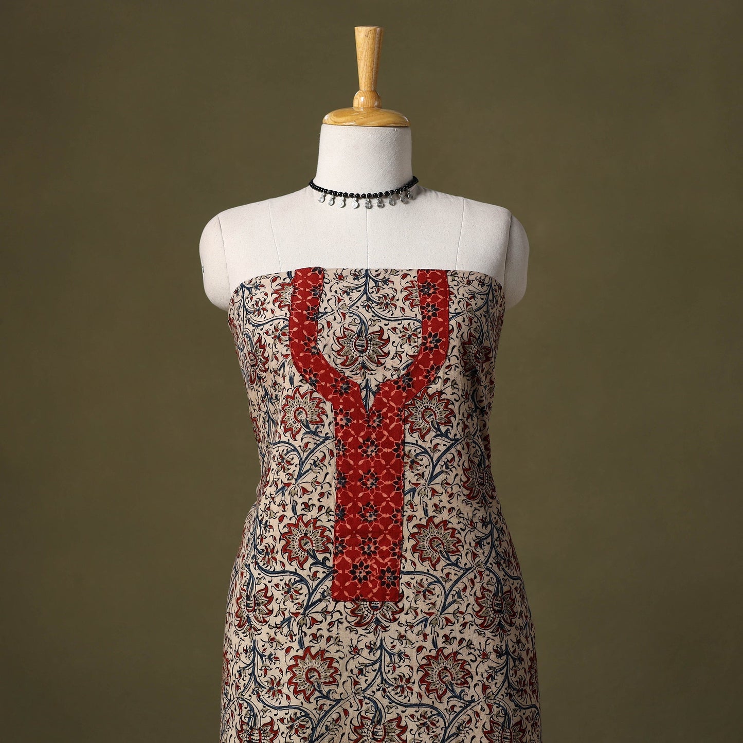 Beige Kalamkari Print Cotton Unstitched Kurta Material
