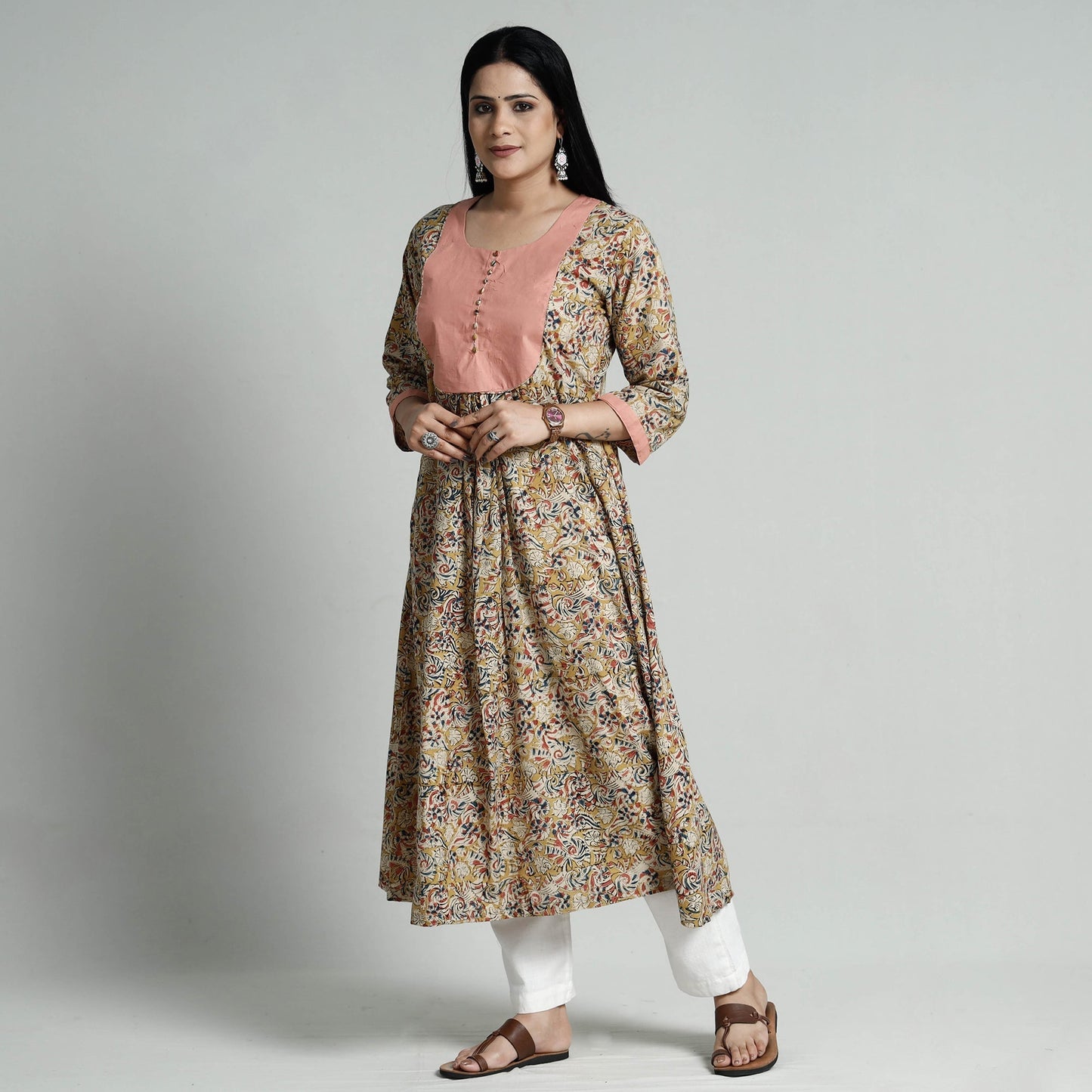 Buy Kalamkari Hand Block Printed Cotton Long Kurta Online at iTokri.com