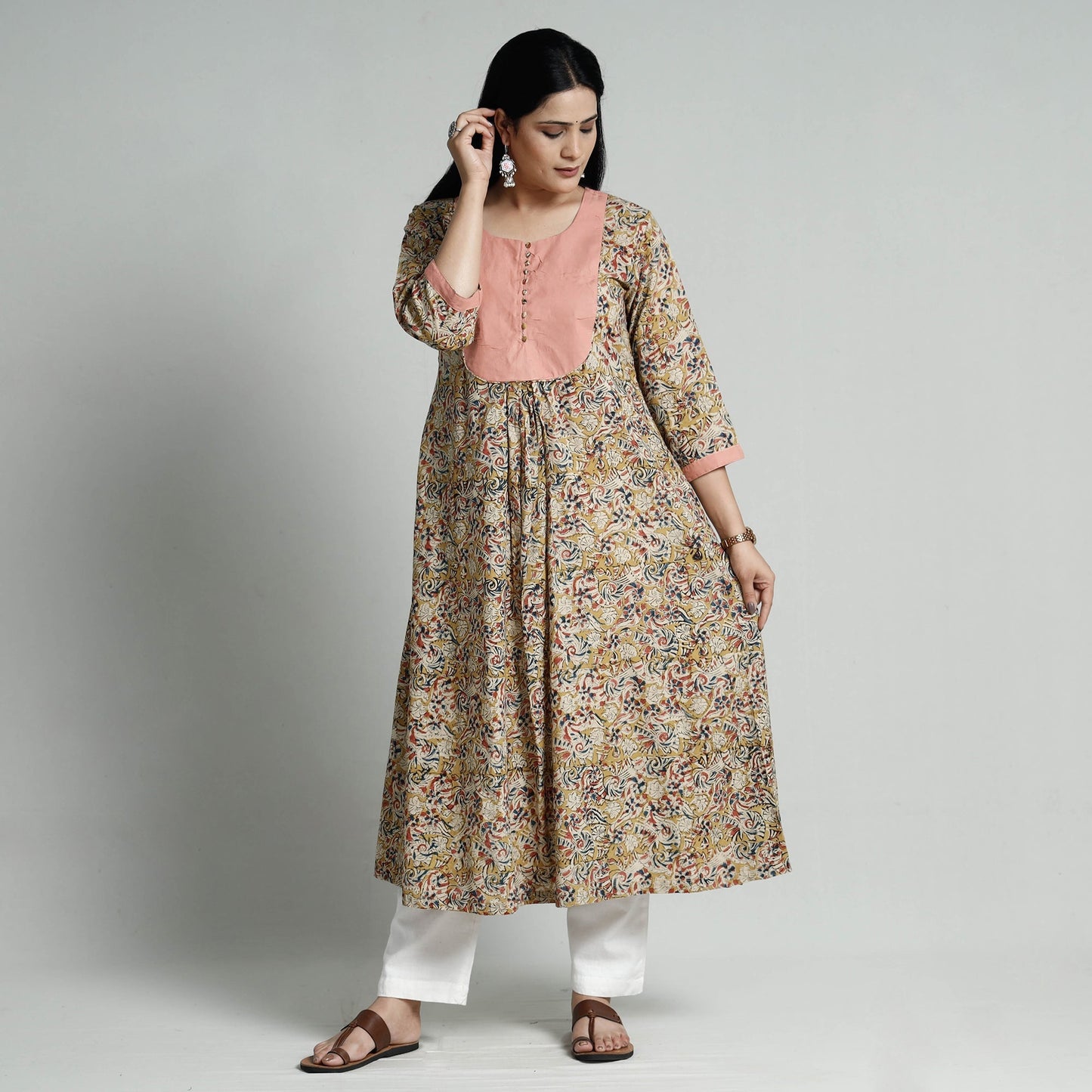 Buy Kalamkari Hand Block Printed Cotton Long Kurta Online at iTokri.com