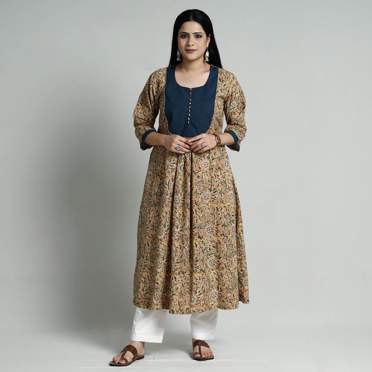 Kalamkari Hand Block Printed Cotton Long Kurta For Women