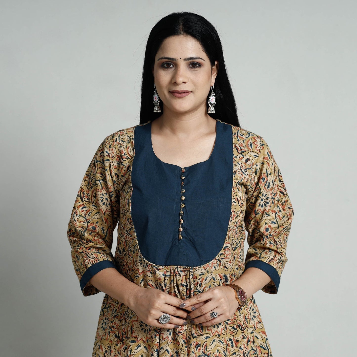 Kalamkari Hand Block Printed Cotton Long Kurta For Women