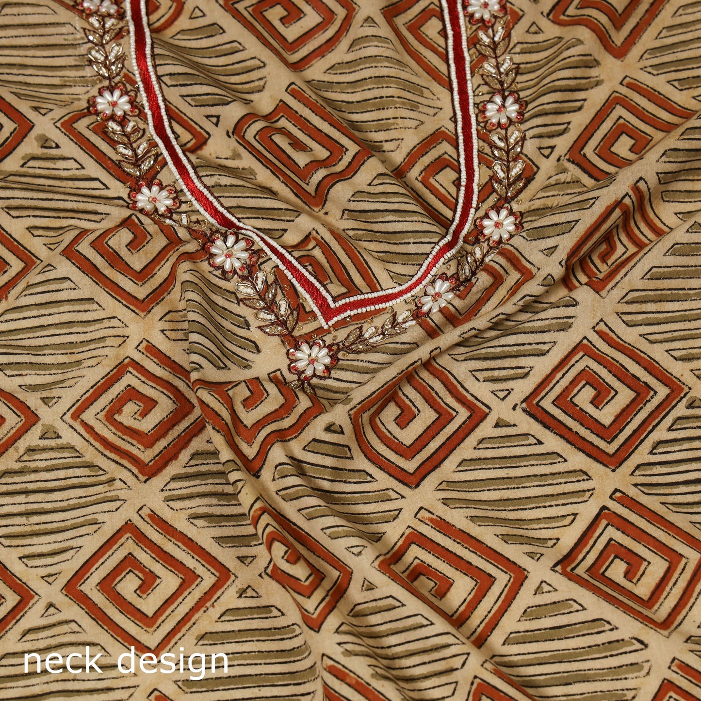 Beige - kalamkari hand embroidery cotton blouse piece 26