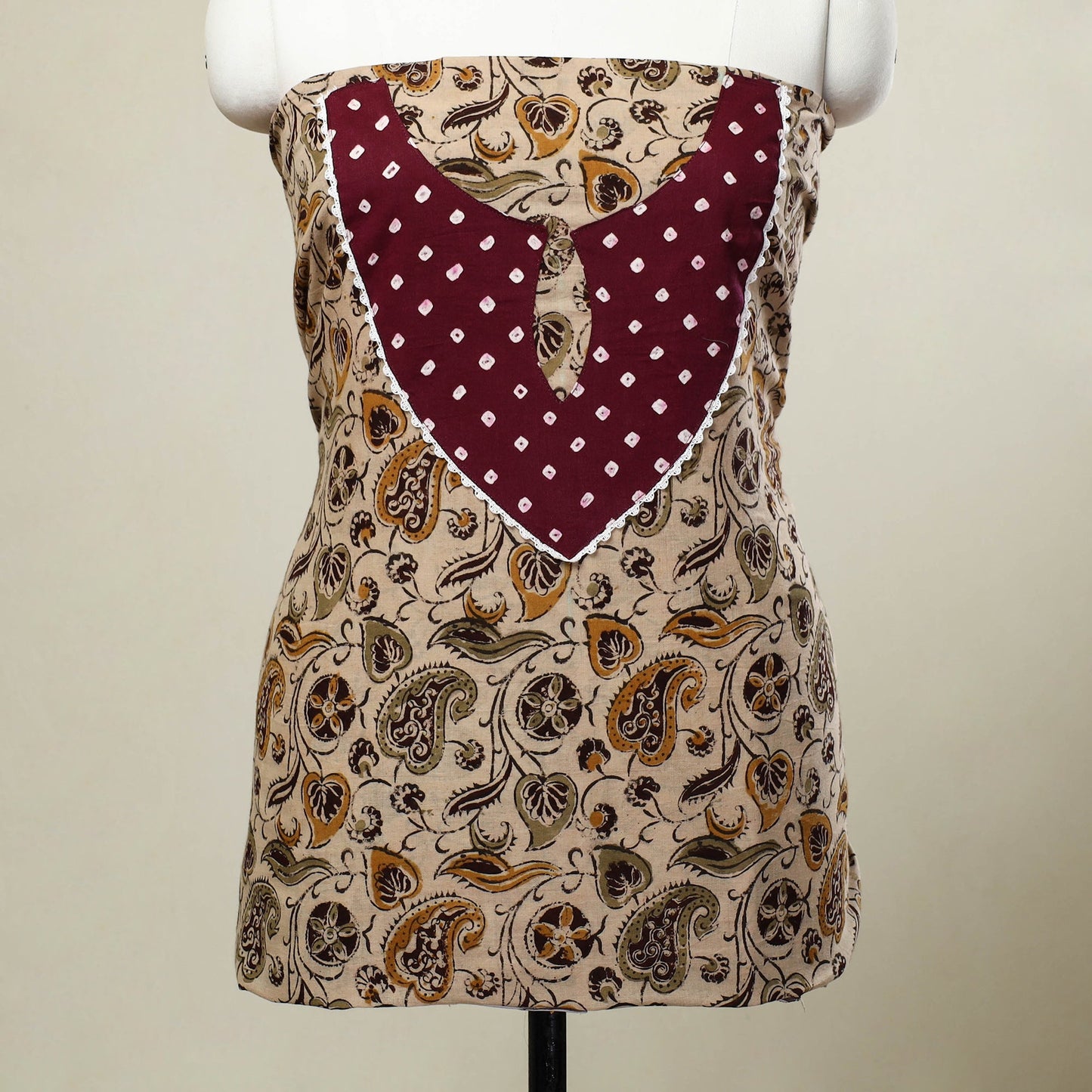 Beige Kalamkari Print Patchwork Cotton Kurta Material