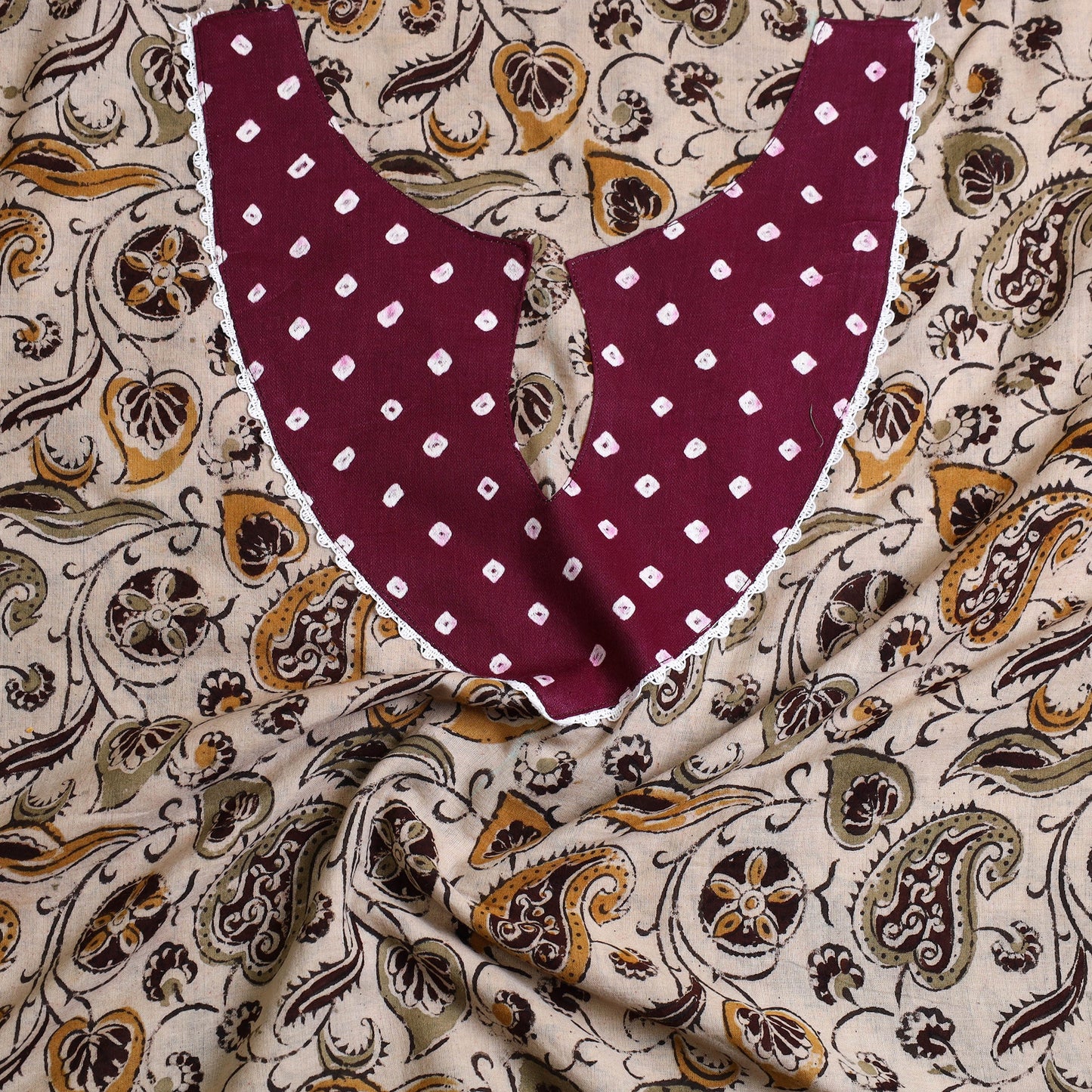 Beige Kalamkari Print Patchwork Cotton Kurta Material