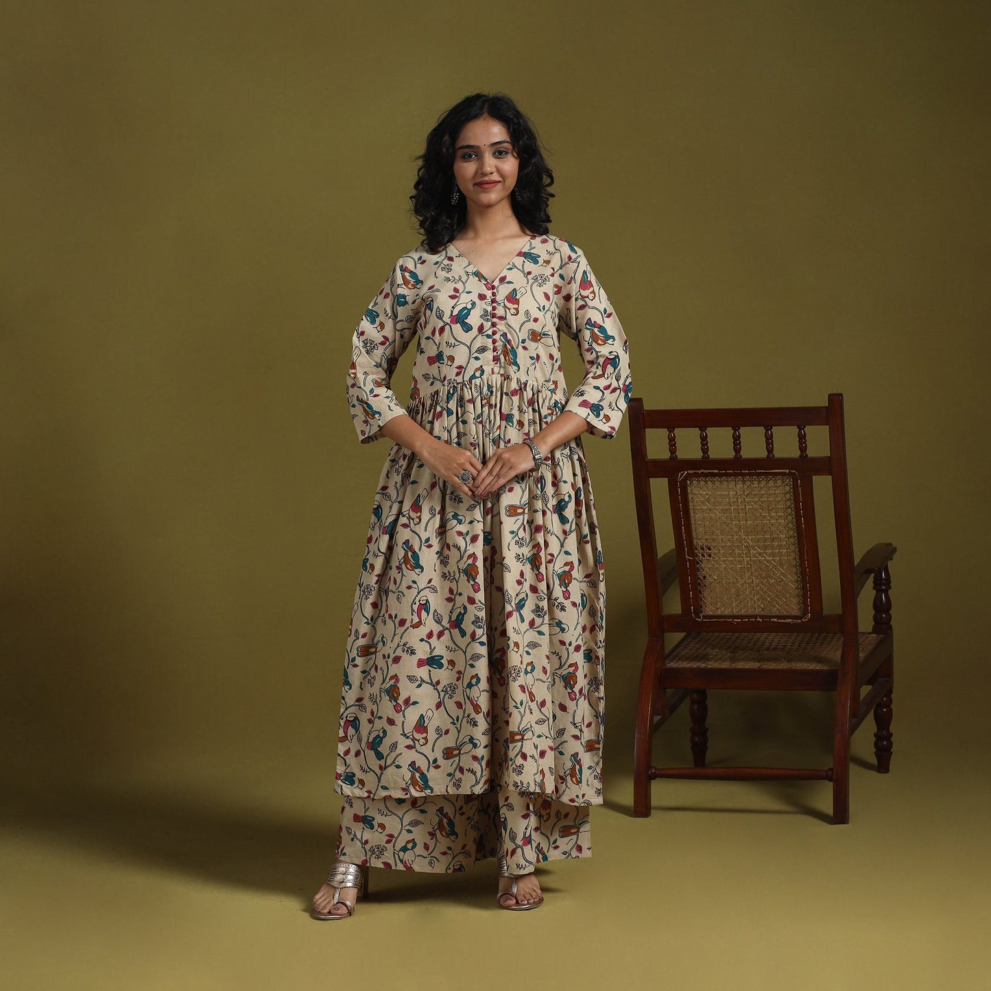Beige - kalamkari printed cotton 2pc kurta set for women 06