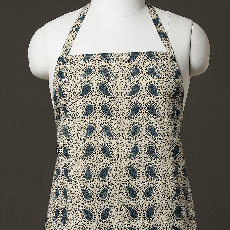 Beige Kalamkari Block Printed Cotton Apron with Pocket