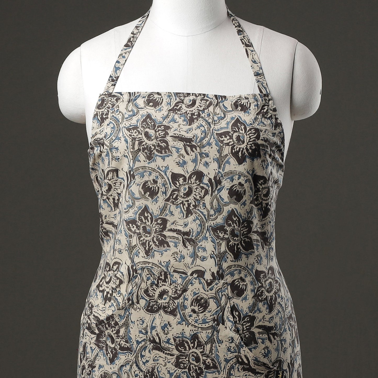 Beige Kalamkari Block Printed Cotton Apron with Pocket