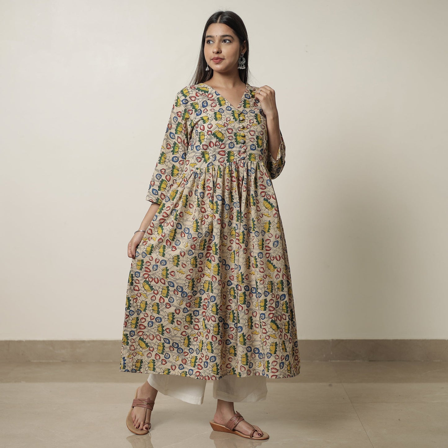 Kalamkari Printed Cotton Flared Kurta For Women