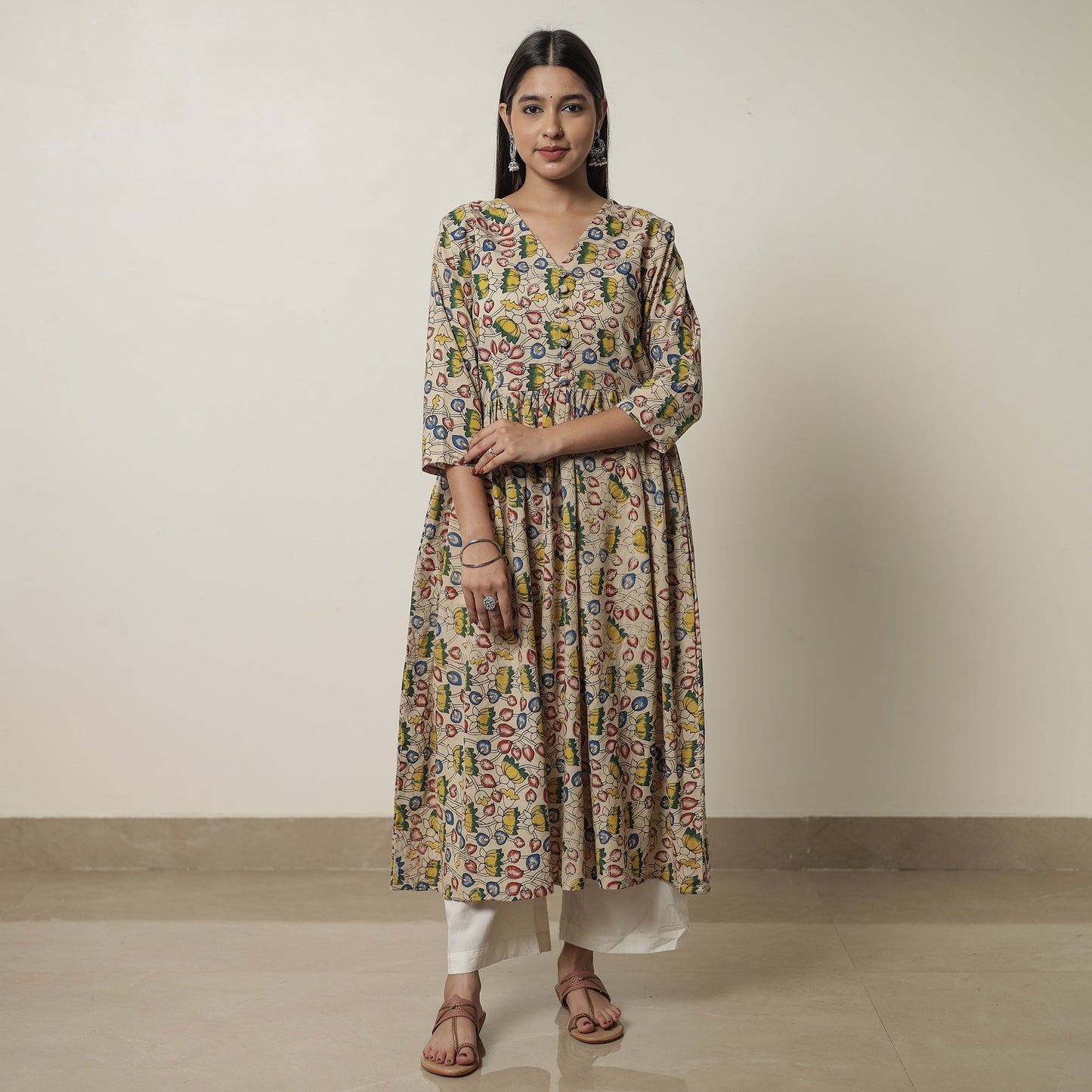 Kalamkari Printed Cotton Flared Kurta For Women