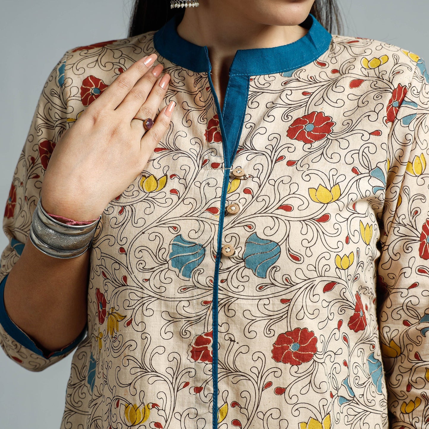 Beige - kalamkari printed cotton flared kurta - handcrafted