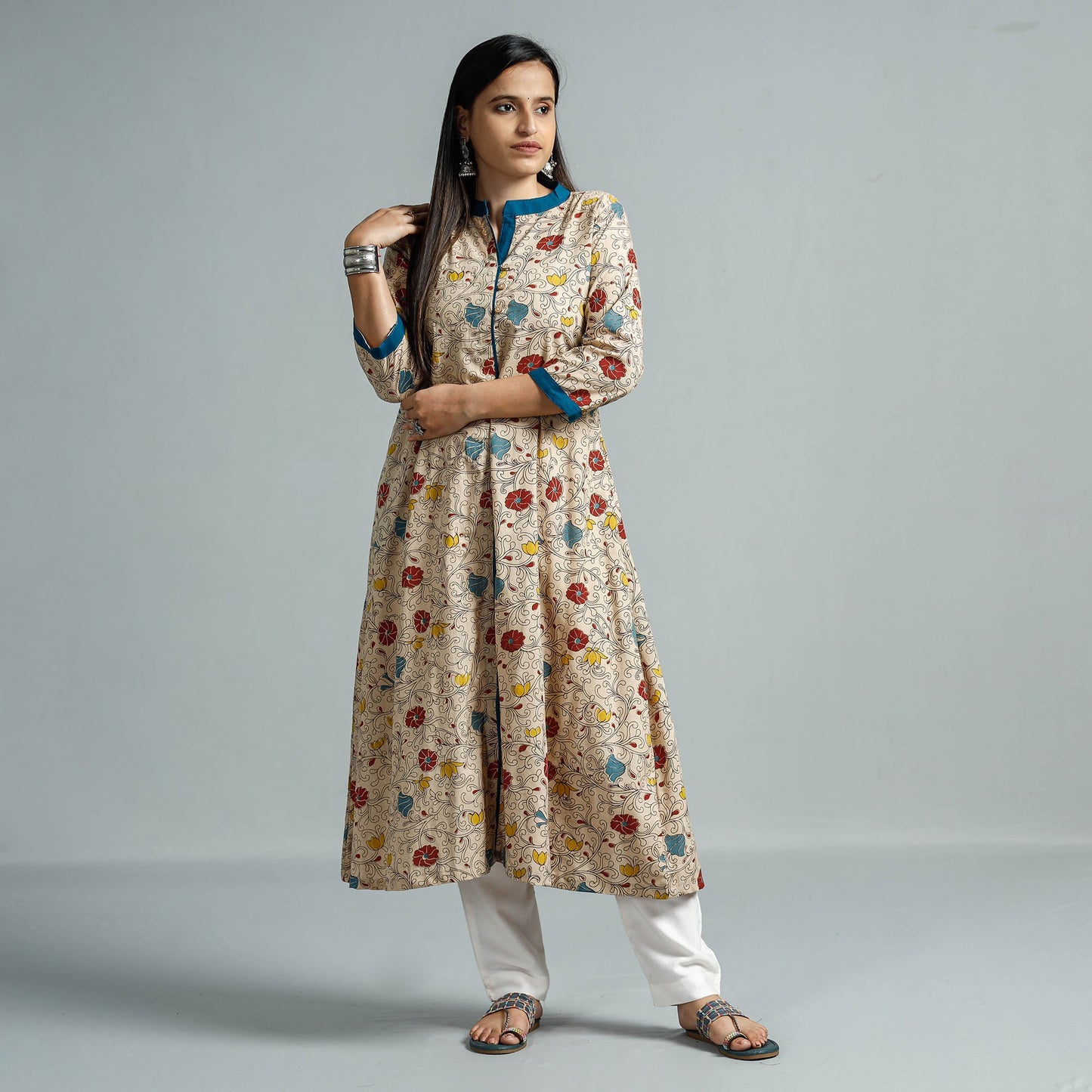 Beige - kalamkari printed cotton flared kurta - handcrafted