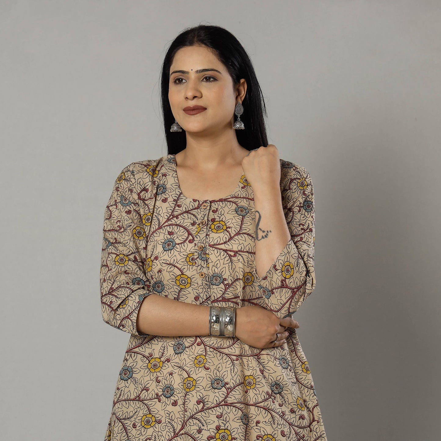 Pink Texture Kalamkari Printed Cotton Kurta For Women