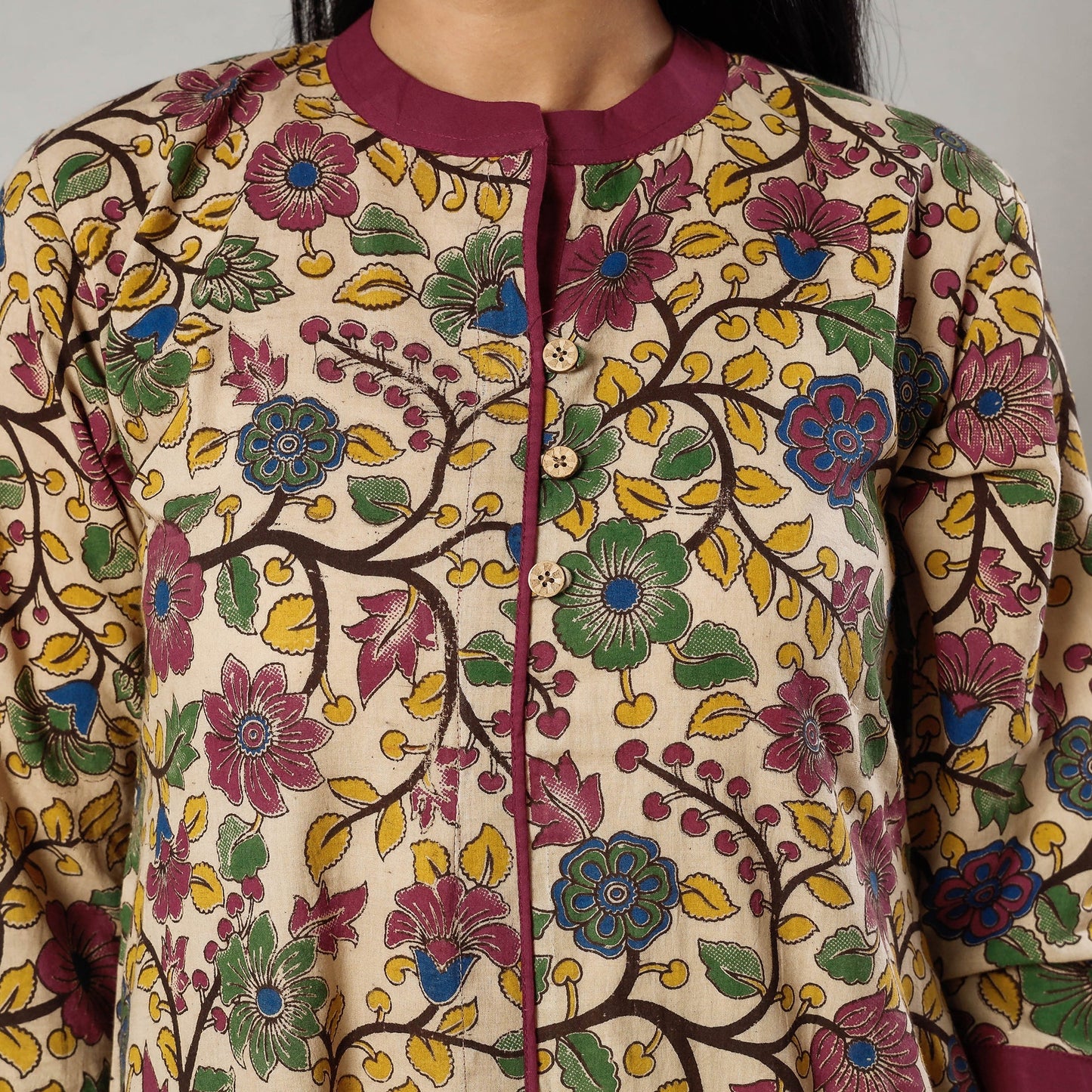 Pink Texture Kalamkari Printed Cotton Kurta For Women