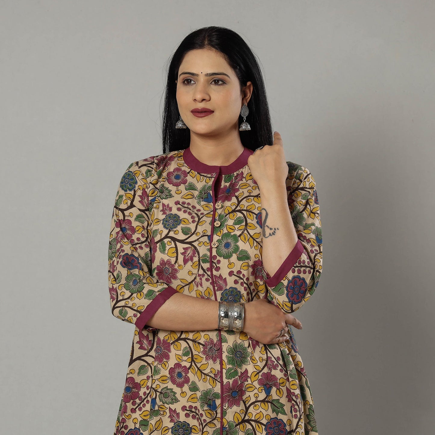 Pink Texture Kalamkari Printed Cotton Kurta For Women