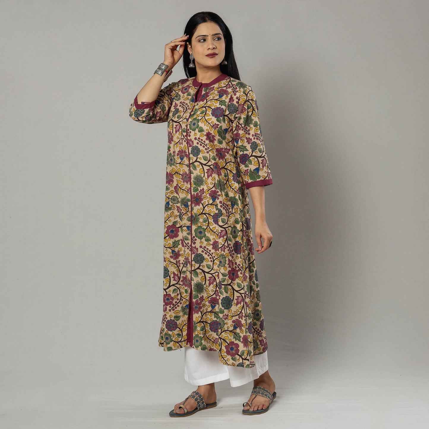 Pink Texture Kalamkari Printed Cotton Kurta For Women