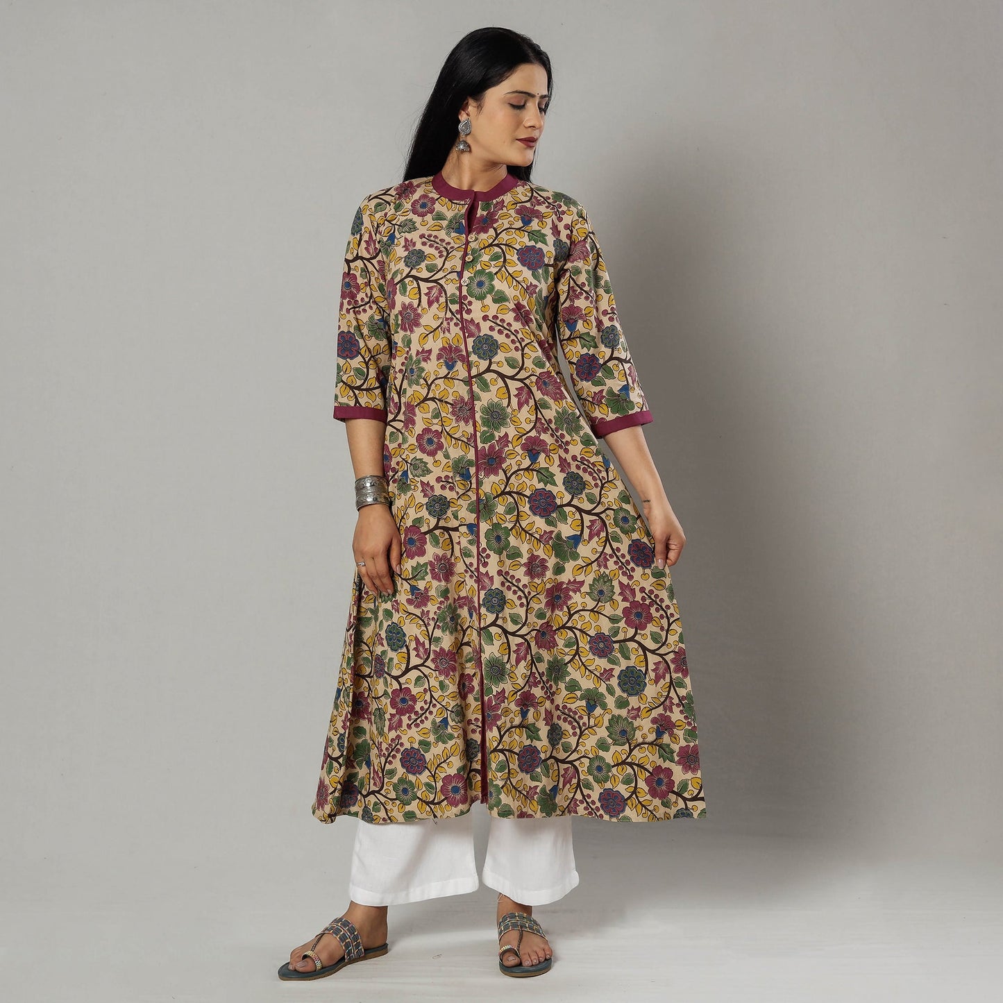 Pink Texture Kalamkari Printed Cotton Kurta For Women