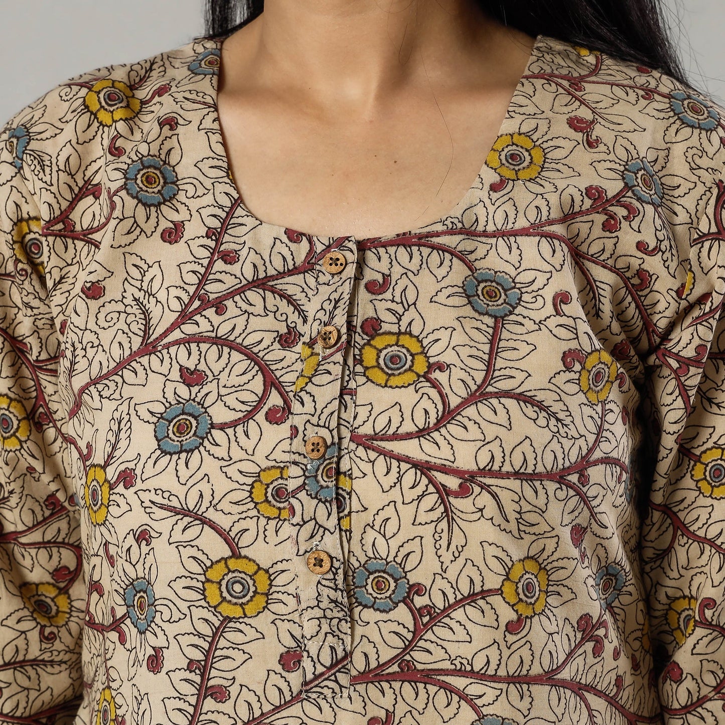 Pink Texture Kalamkari Printed Cotton Kurta For Women