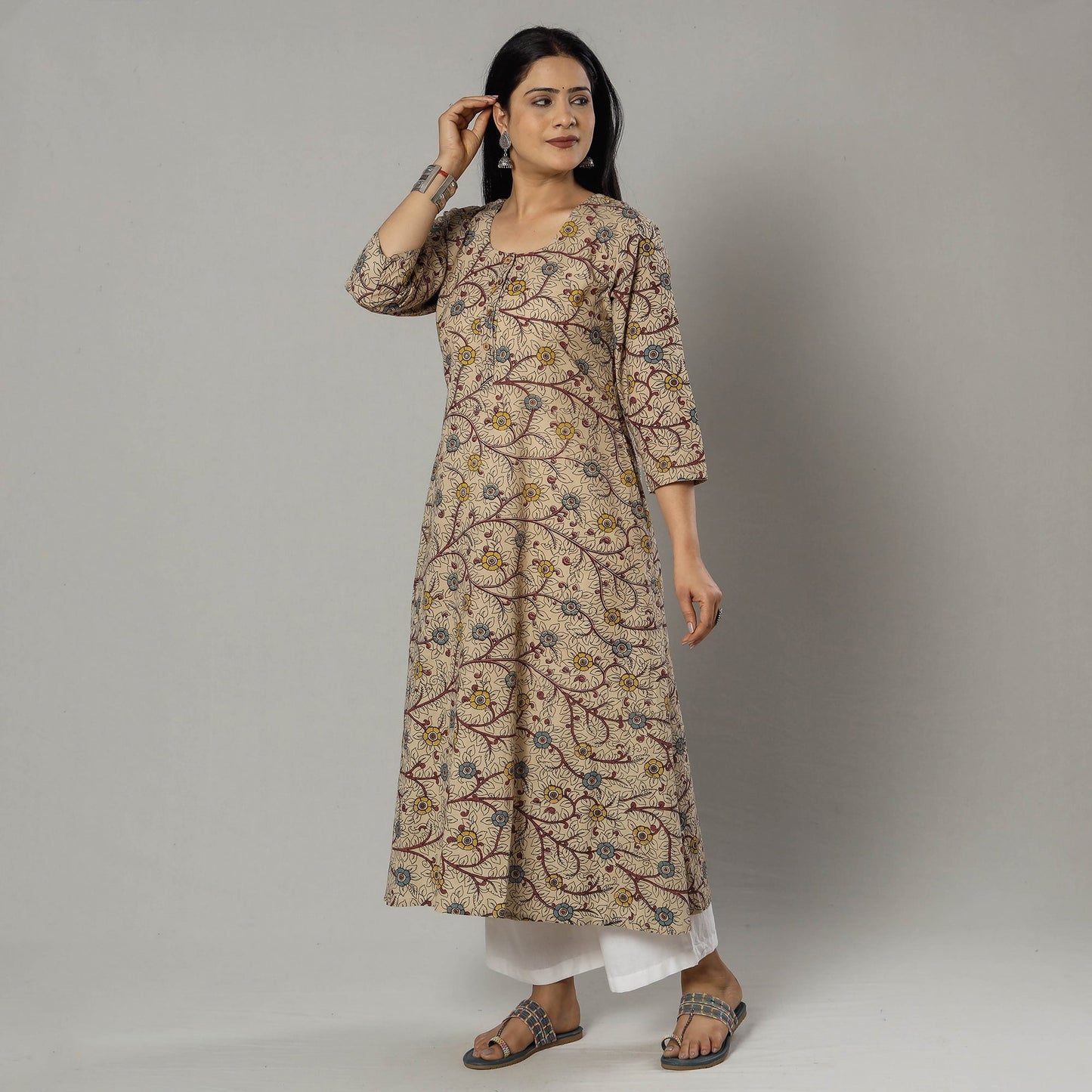 Pink Texture Kalamkari Printed Cotton Kurta For Women