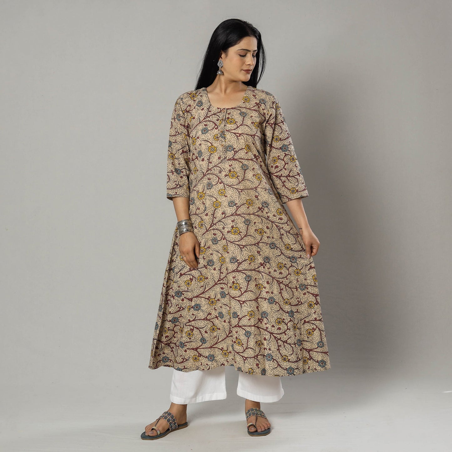 Pink Texture Kalamkari Printed Cotton Kurta For Women