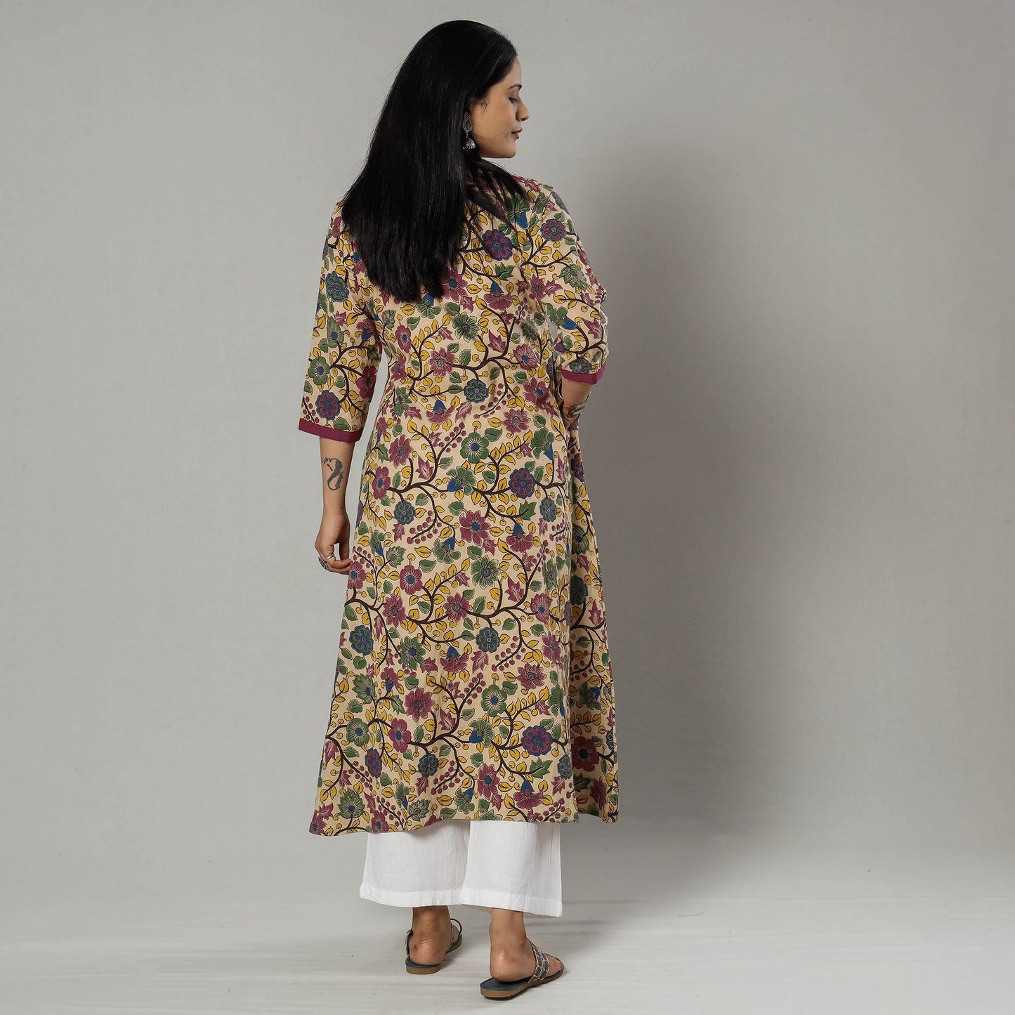 Pink Texture Kalamkari Printed Cotton Kurta For Women