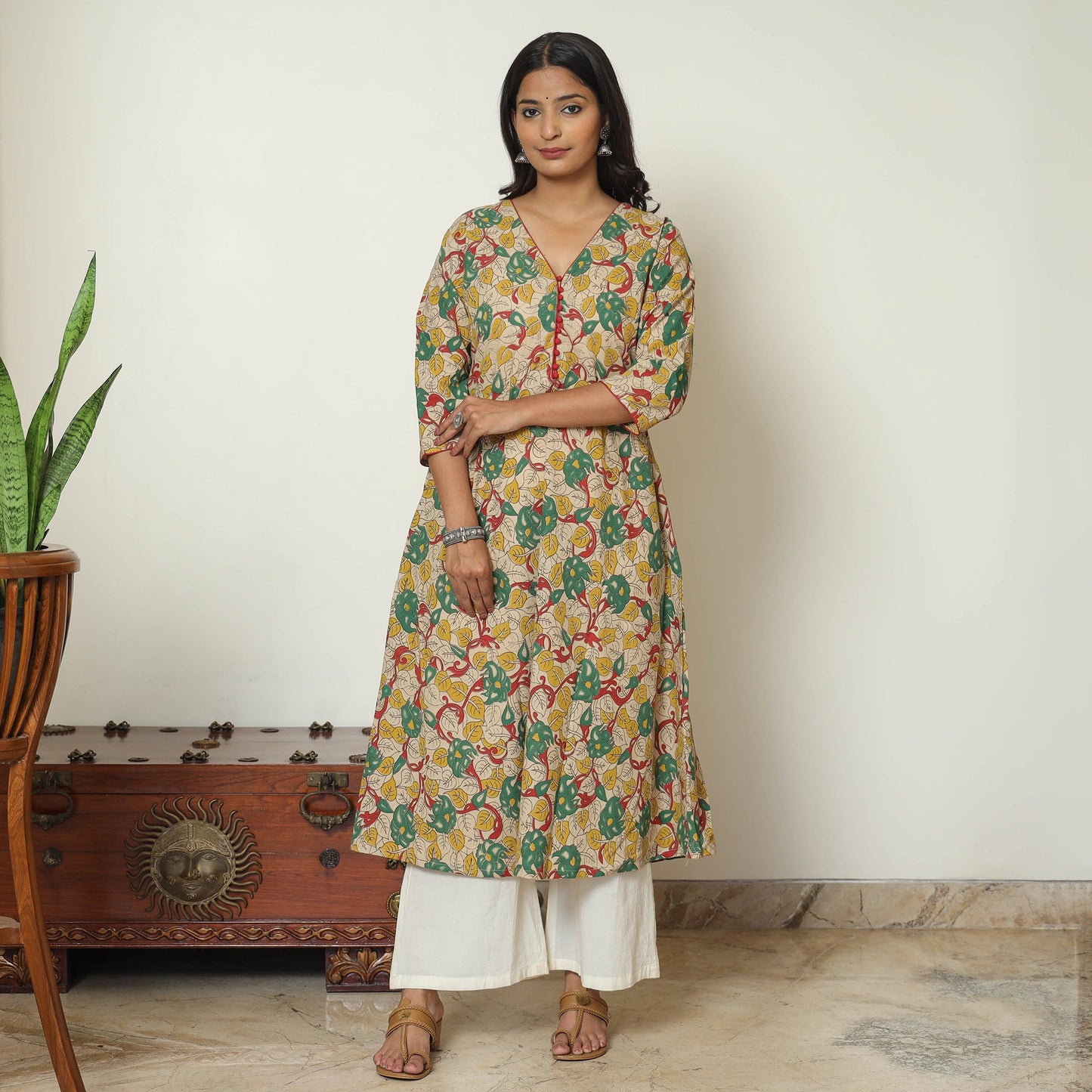 Kalamkari Printed Cotton A-Line Long Kurta For Women