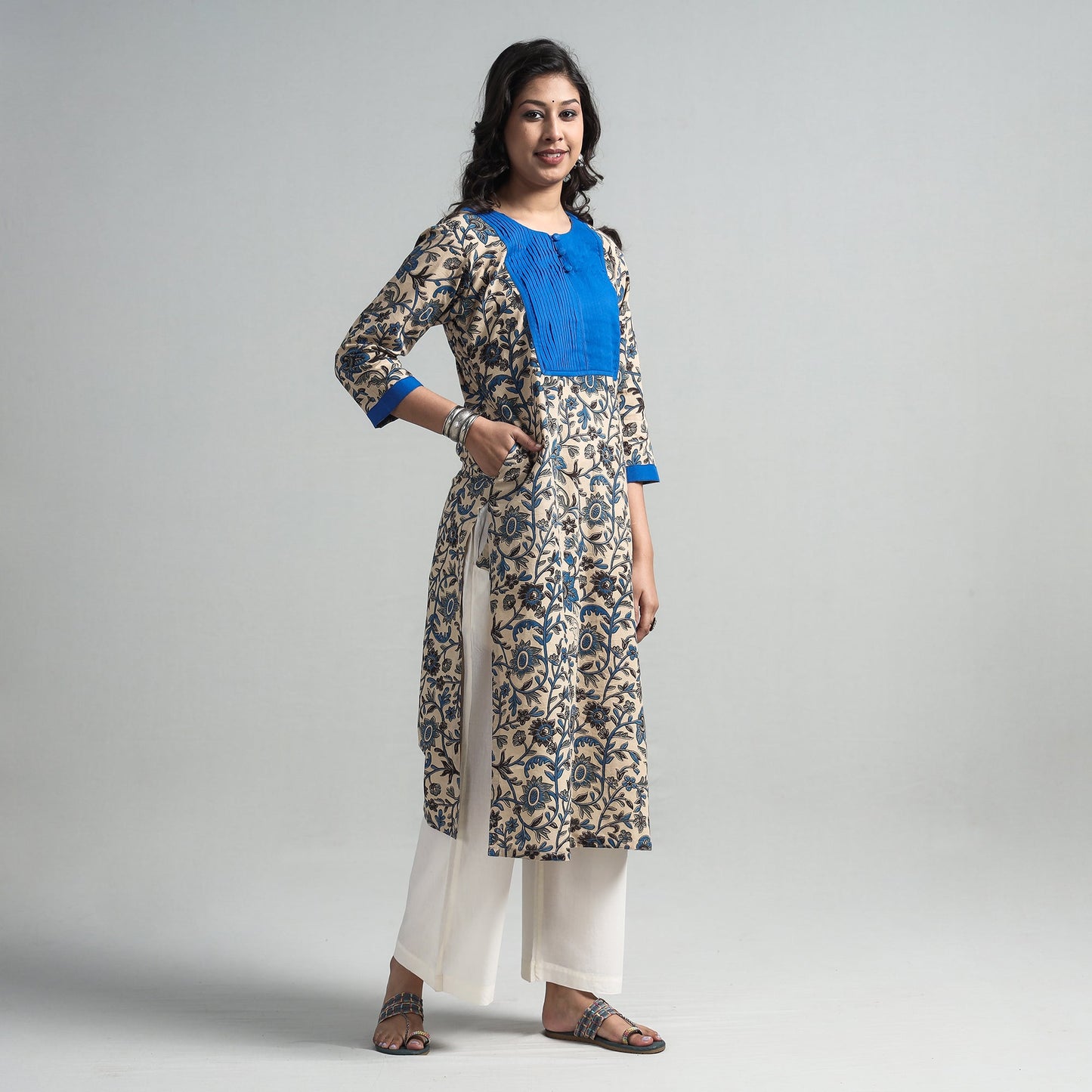 Beige - kalamkari printed cotton pintuck long straight