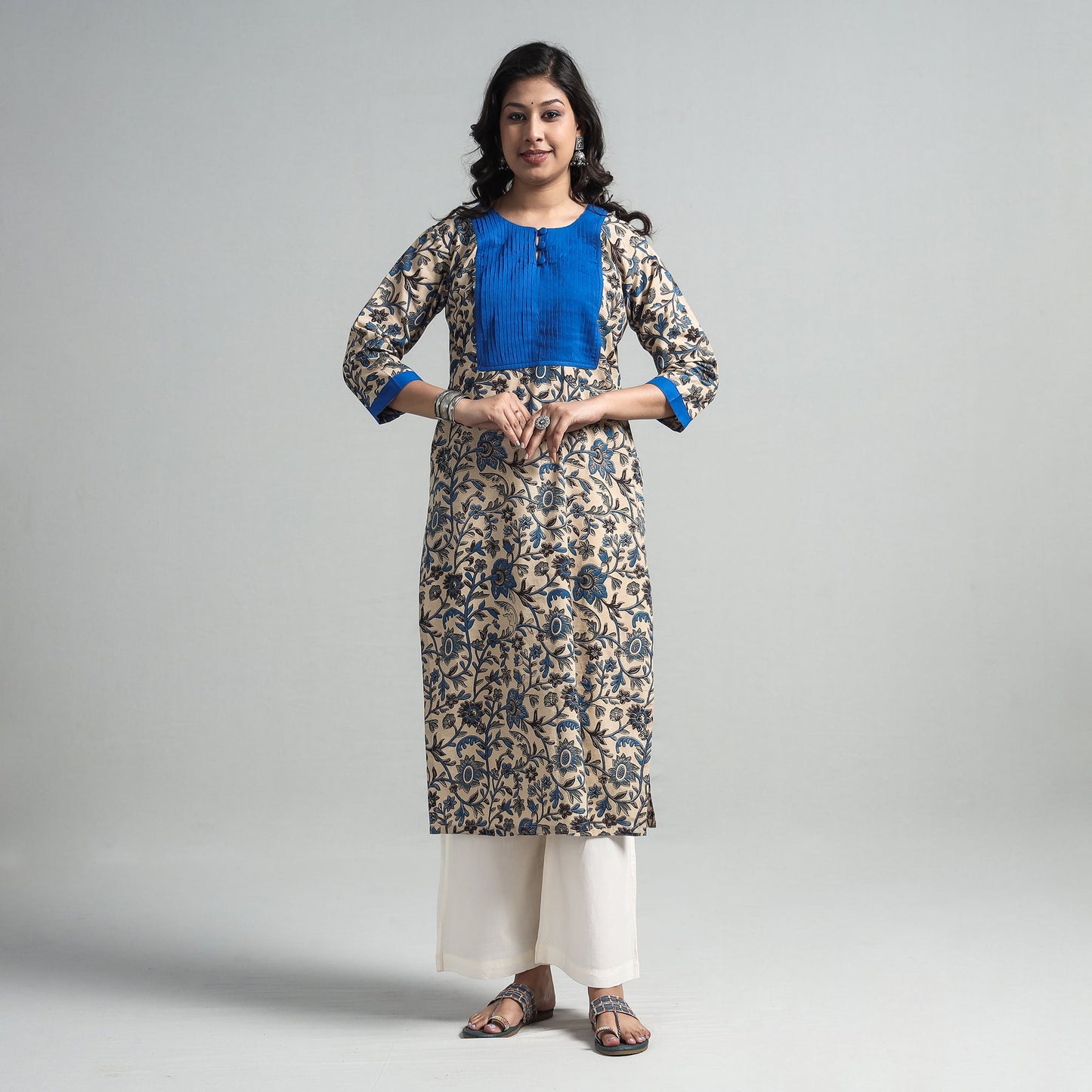 Beige - kalamkari printed cotton pintuck long straight