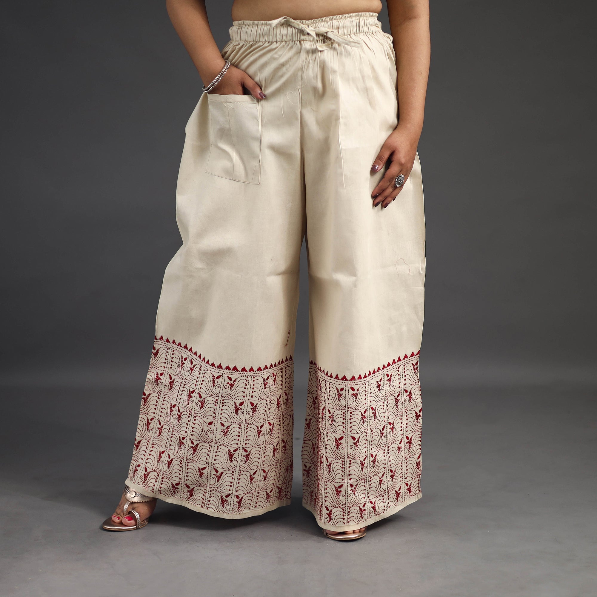 Dark Green - Kantha Hand Embroidery Palazzo in Cotton 81