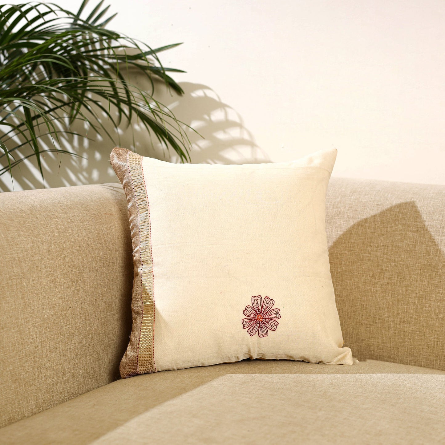 Beige Kantha Work Chanderi Silk Cushion Cover
