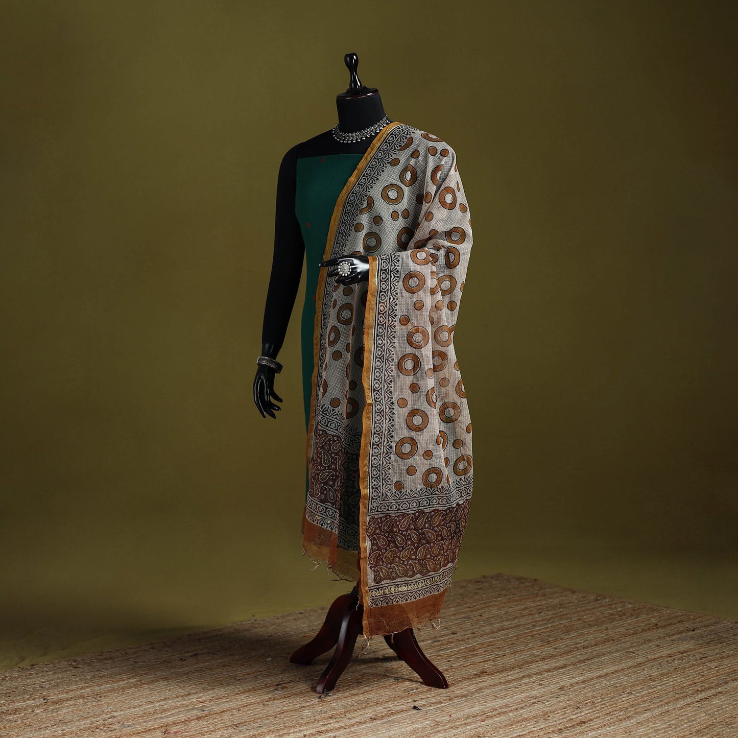 Beige - kota doria cotton hand bagru dupatta 18