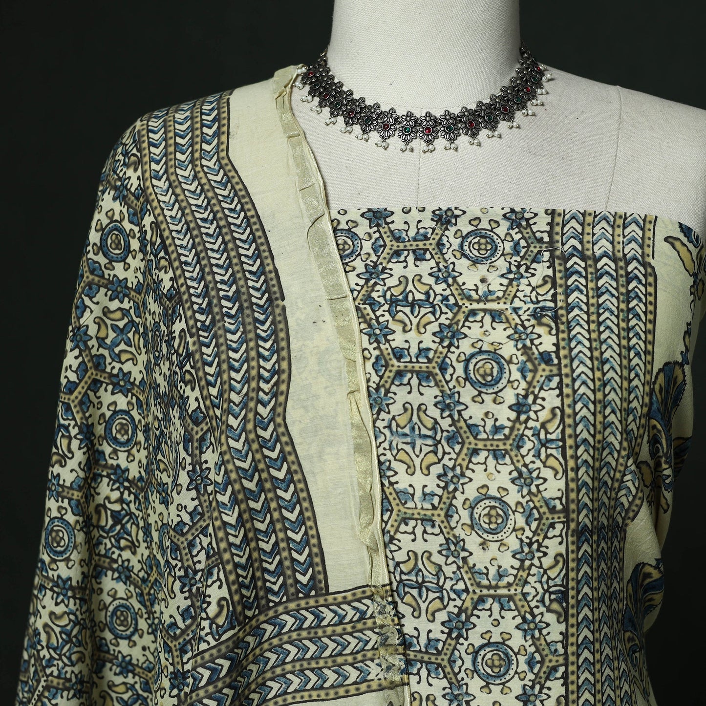 Kutch hand block ajrakh print natural dyed chanderi silk