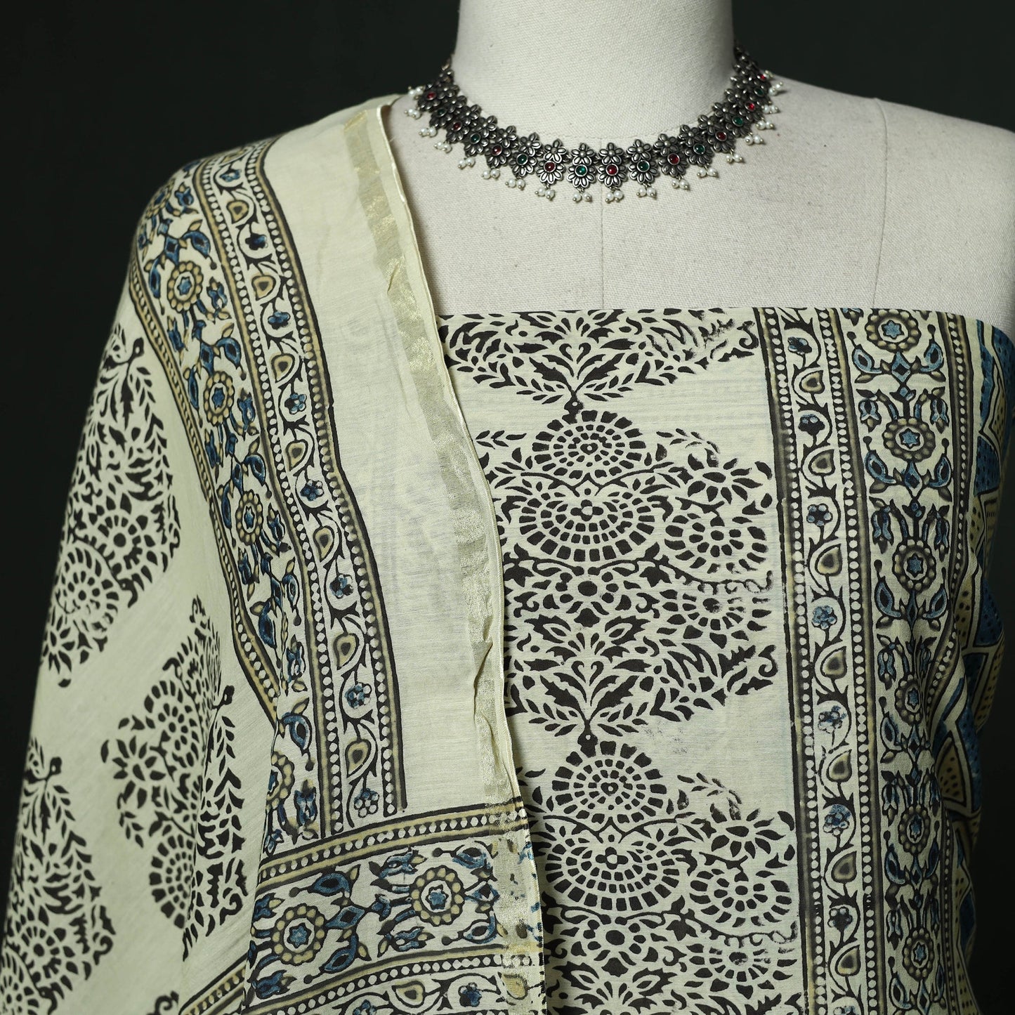 Kutch hand block ajrakh print natural dyed chanderi silk