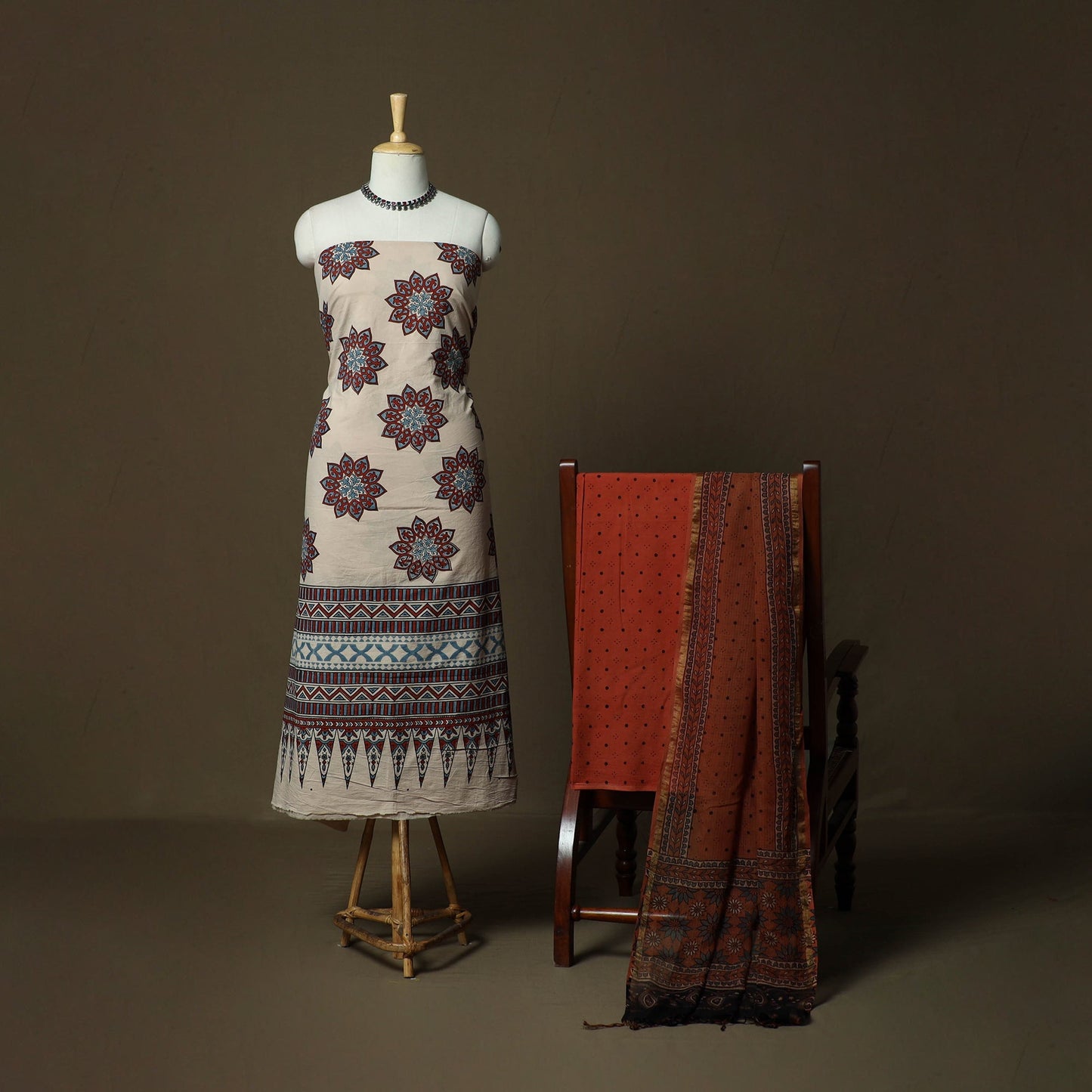 Kutch hand block ajrakh print natural dyed cotton 3pc