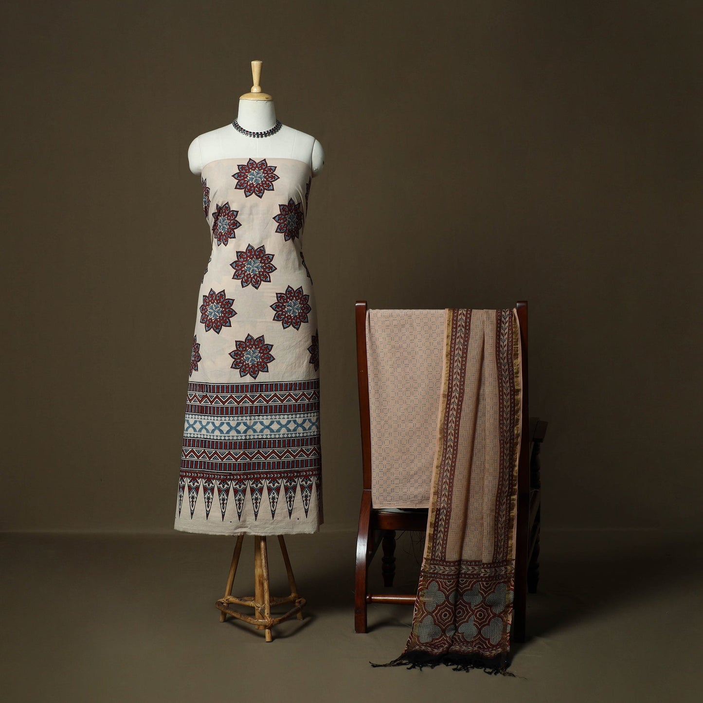 Kutch hand block ajrakh print natural dyed cotton 3pc