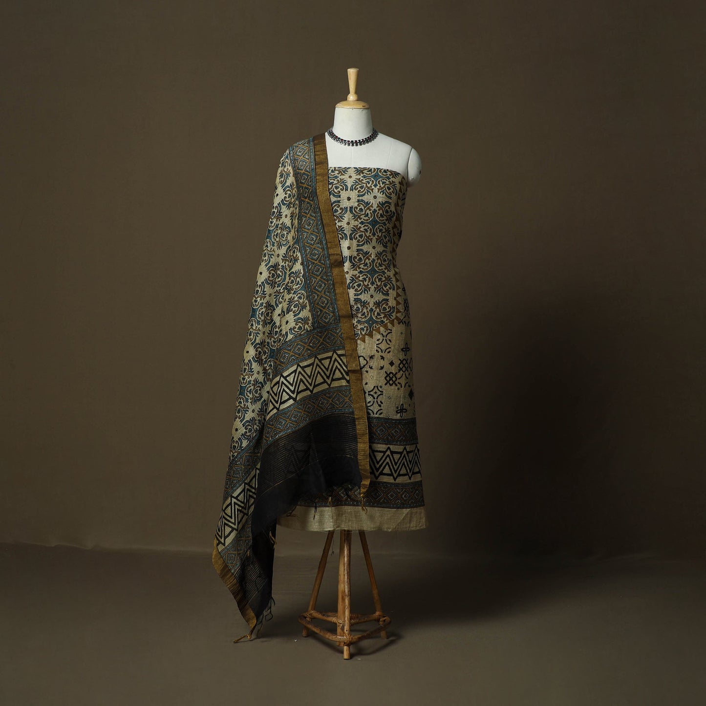 Kutch hand block ajrakh print natural dyed linen 2pc