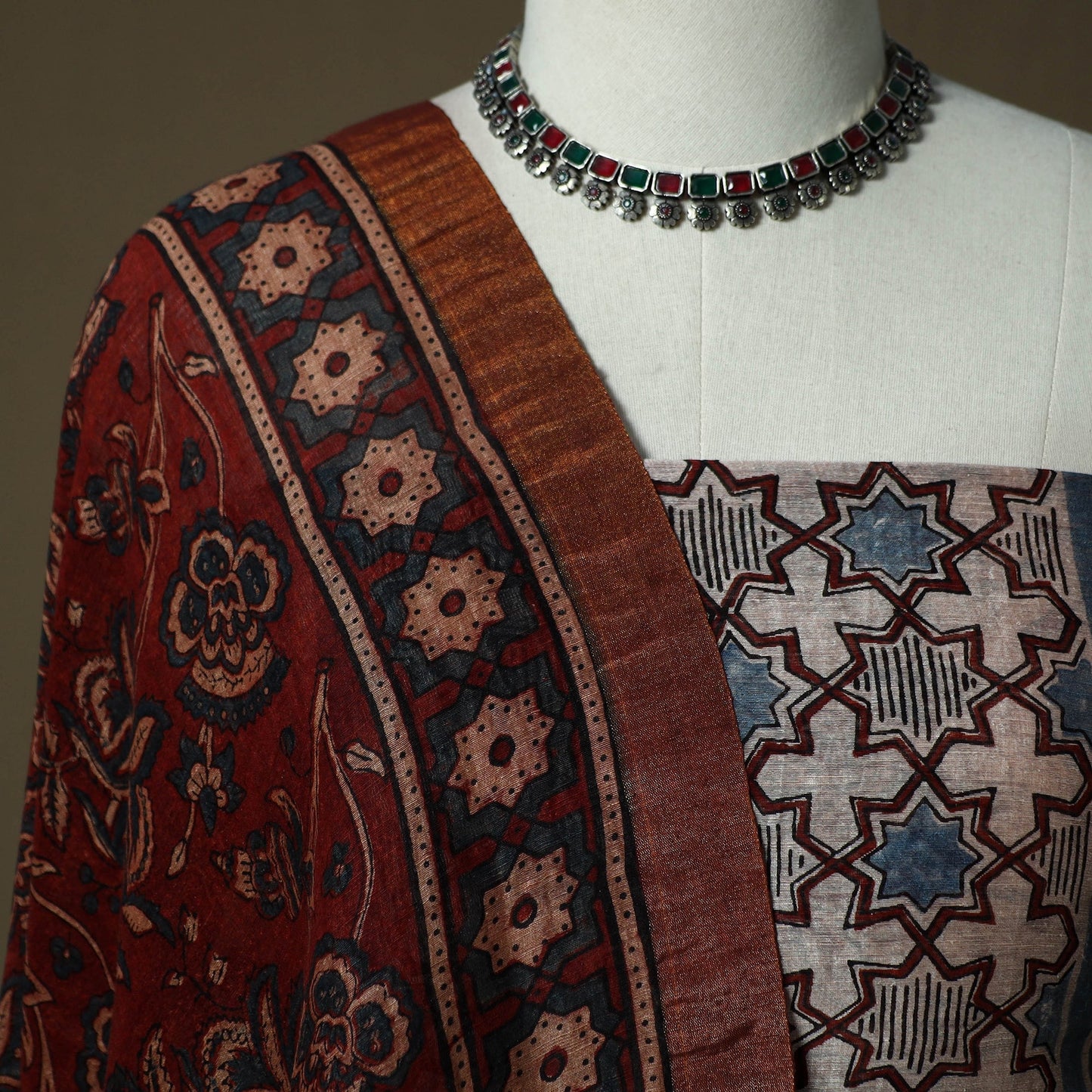 Kutch hand block ajrakh print natural dyed linen 2pc
