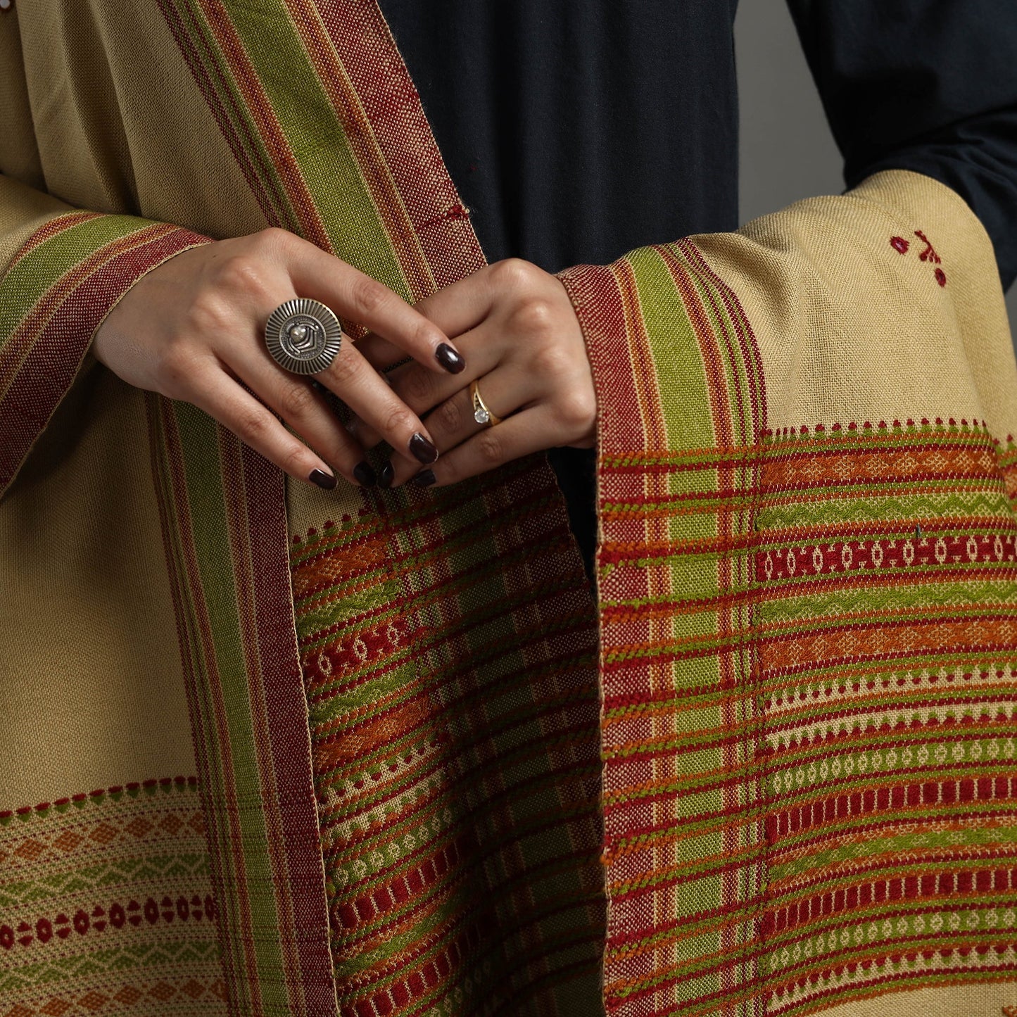 Beige Kutch Handwoven Mirror Work Woollen Shawl