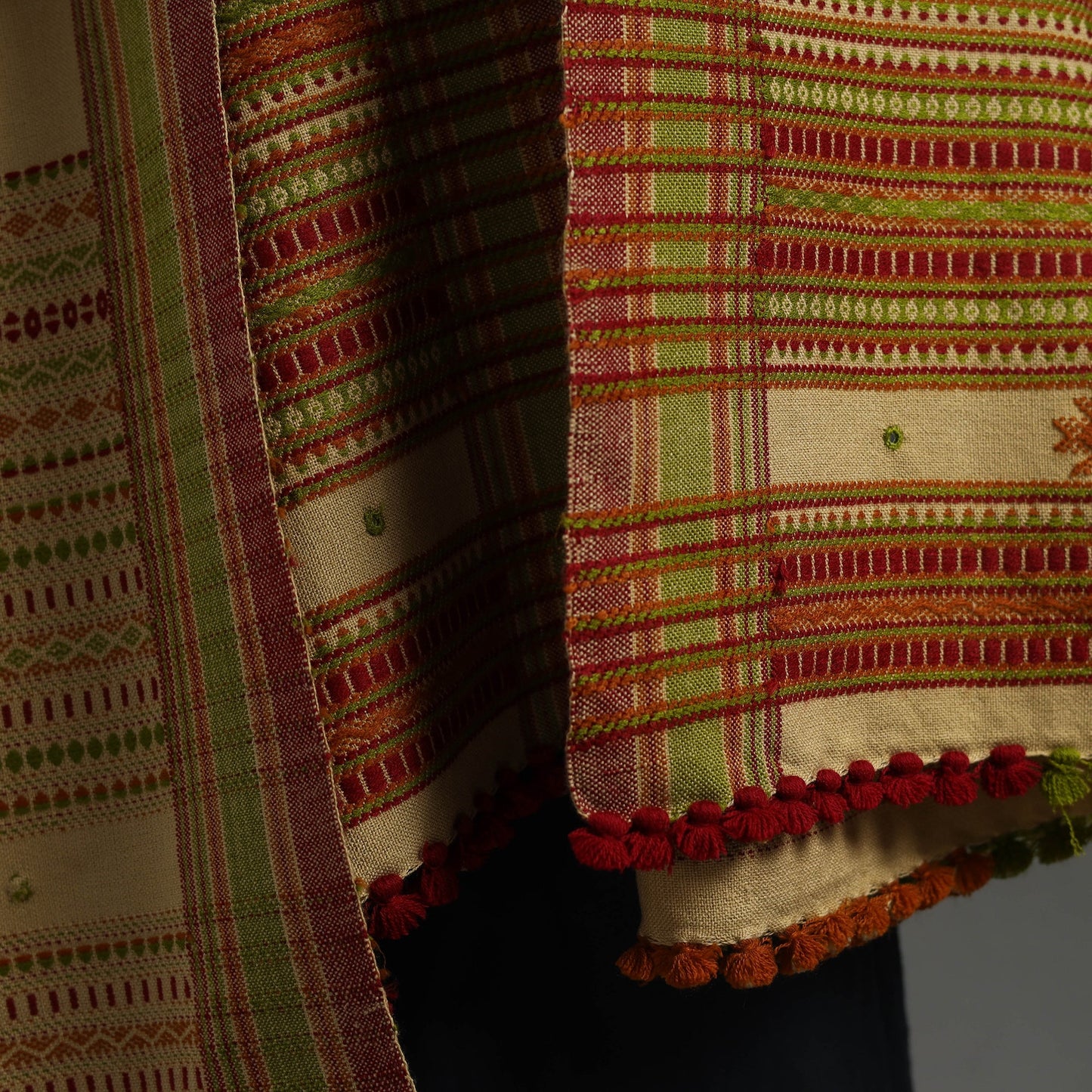 Beige Kutch Handwoven Mirror Work Woollen Shawl