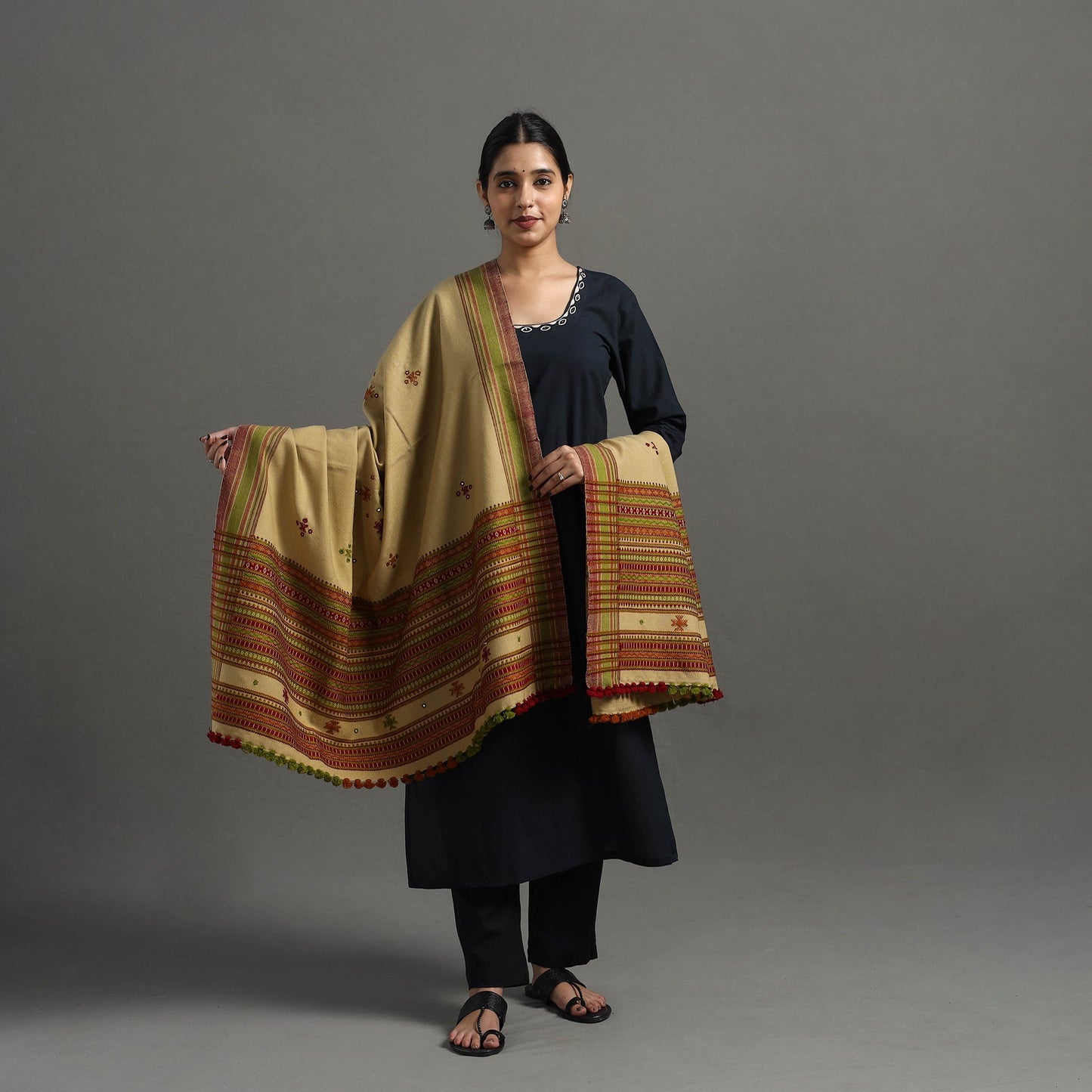 Beige Kutch Handwoven Mirror Work Woollen Shawl