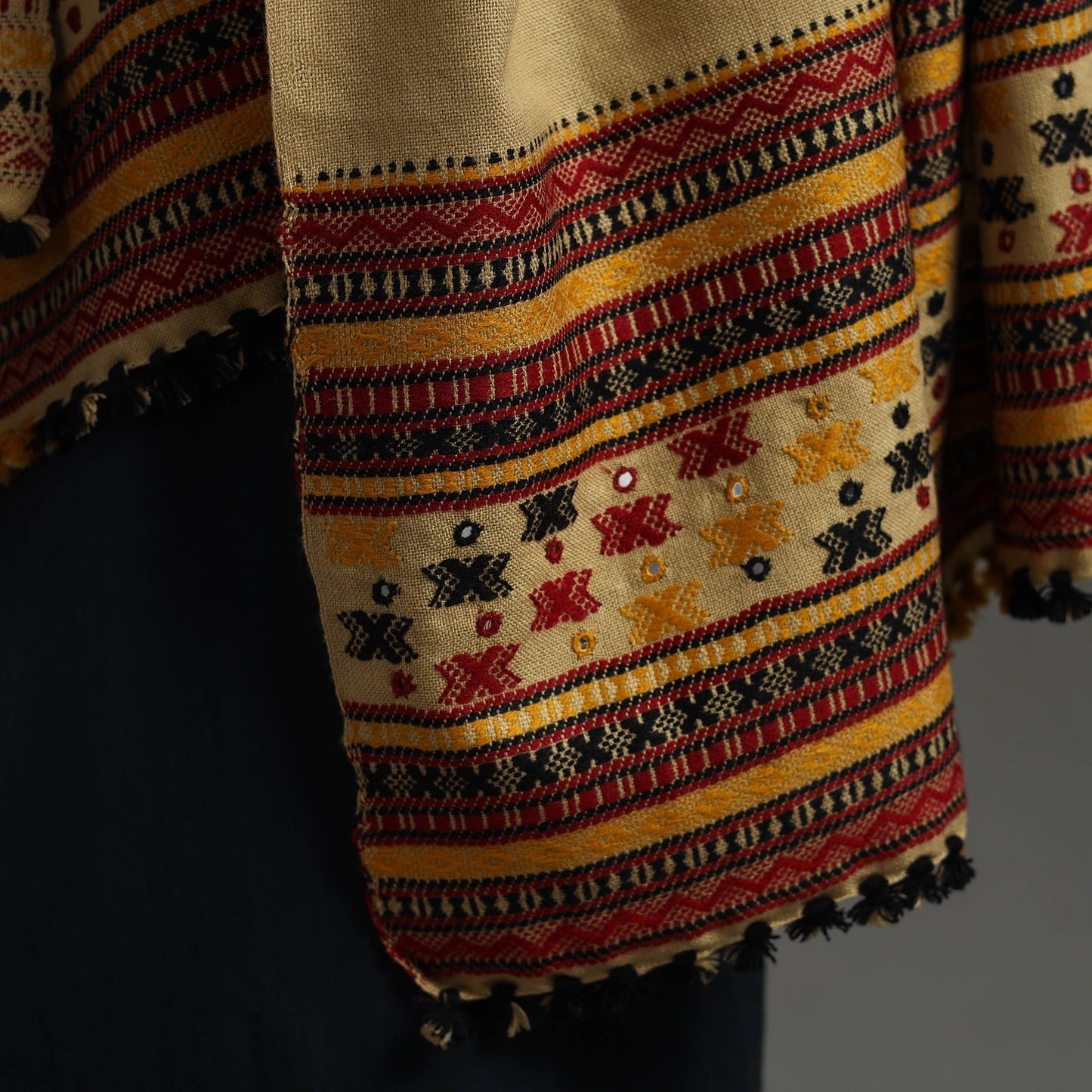 Beige Kutch Handwoven Mirror Work Woollen Shawl