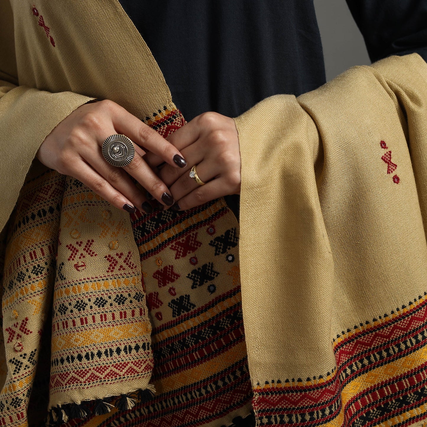 Beige Kutch Handwoven Mirror Work Woollen Shawl