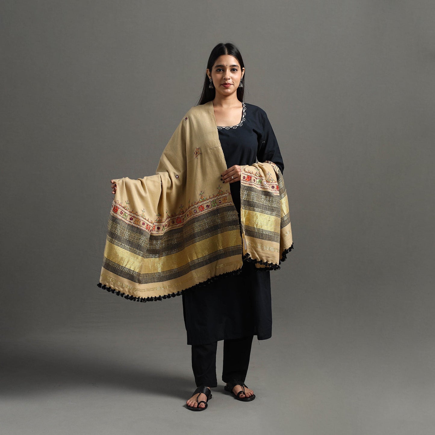 Beige Kutch Neran Hand Embroidery Mirror Work Woollen Shawl