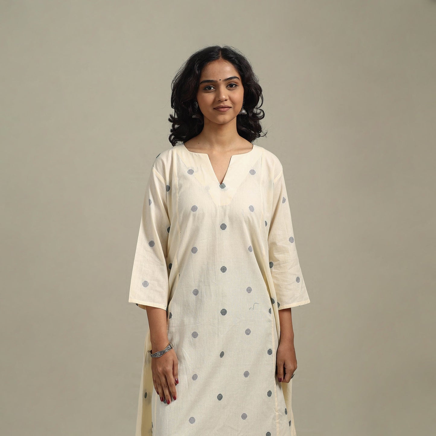 Beige - a-line cotton jacquard kurta 17 - handcrafted