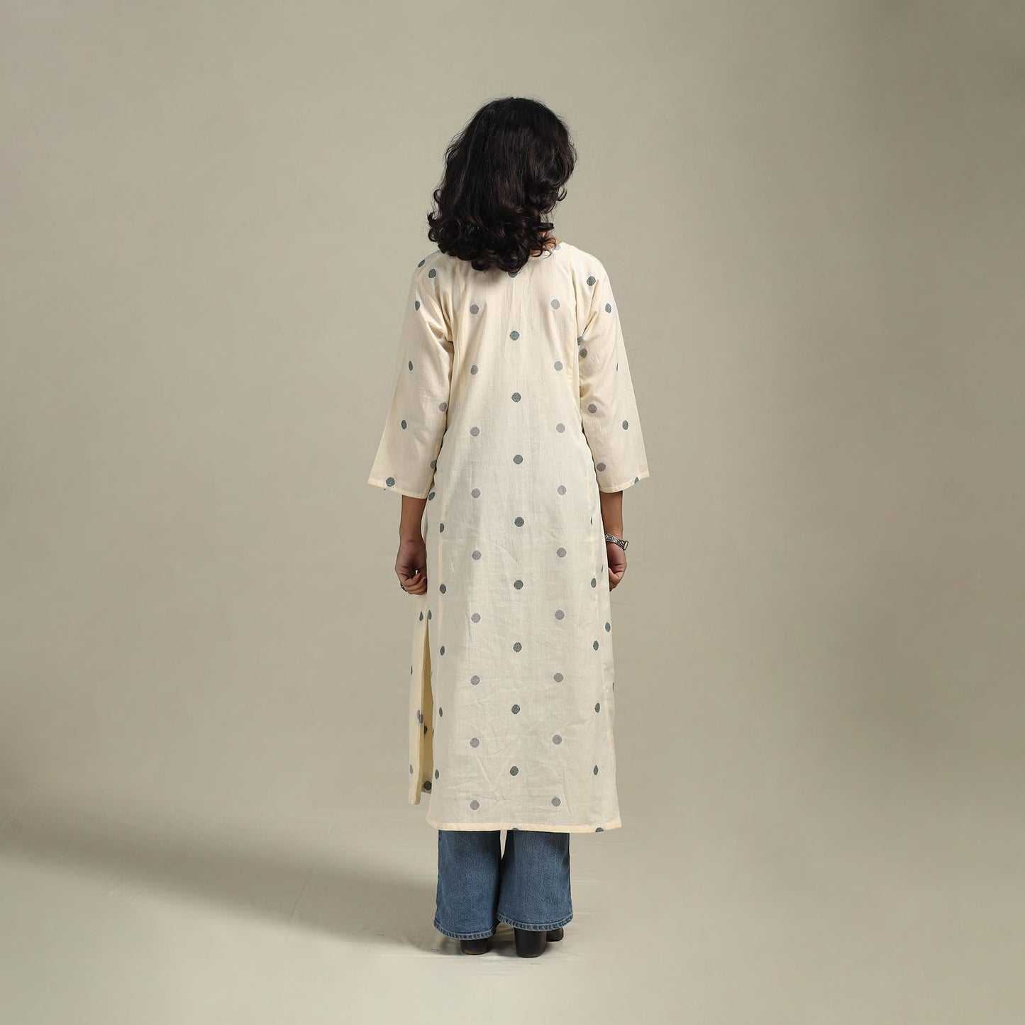 Beige - a-line cotton jacquard kurta 17 - handcrafted